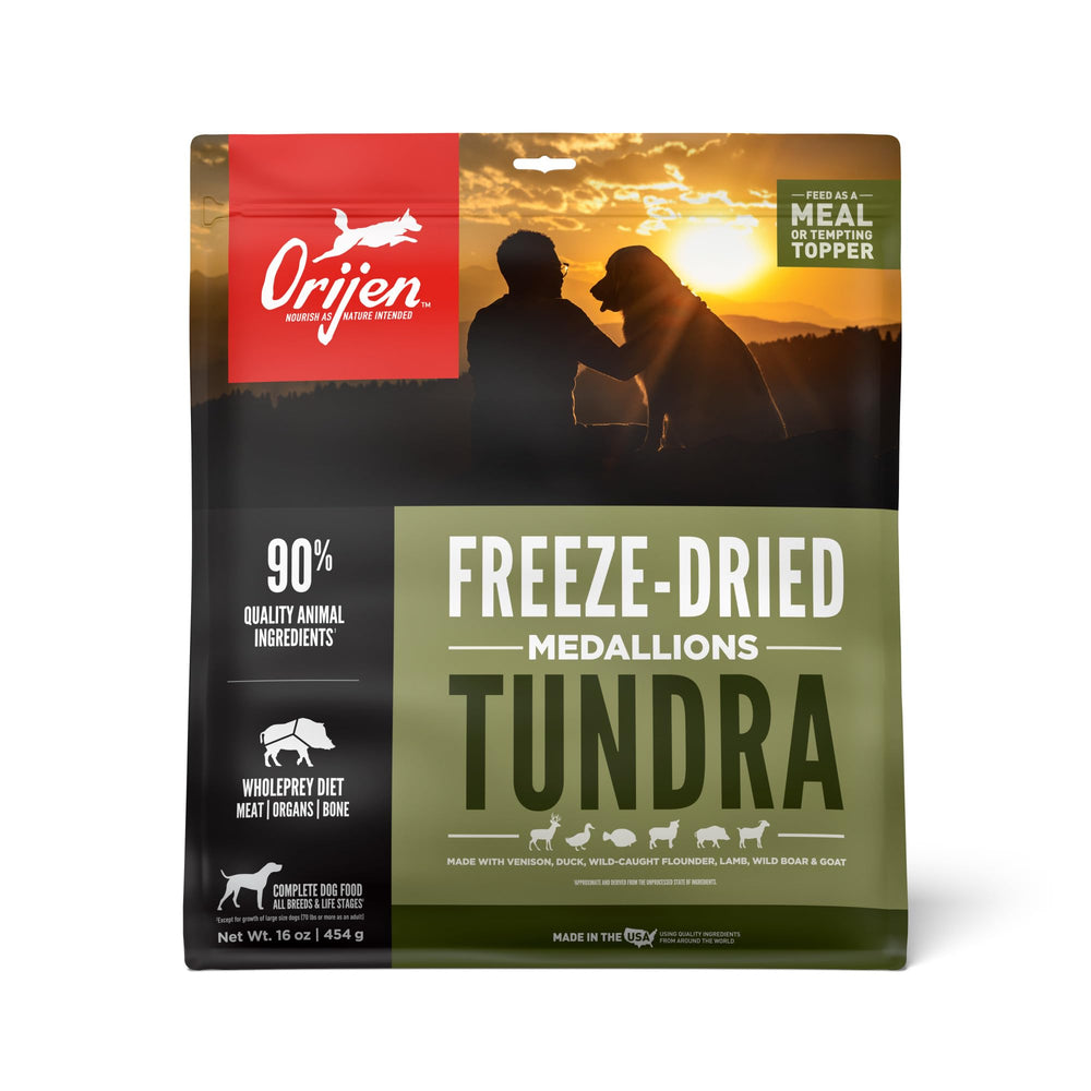 ORIJEN TUNDRA medallones deshidratados para perros, fuente de proteína concentrada para energía diaria.