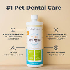 Cuidado dental para perros y gatos con Oxyfresh en el agua para mejor aliento.