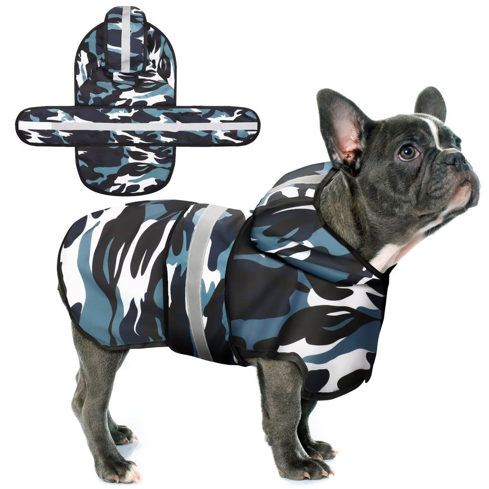 Paiaite capa de lluvia para perro con capucha azul camuflaje, mantiene al animal seco.