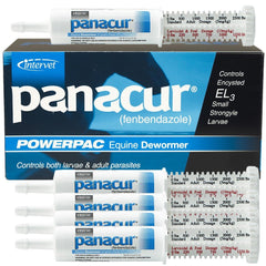 Panacur Powerpac: cinco jeringas de 57 g para control de parásitos en caballos, administración oral.