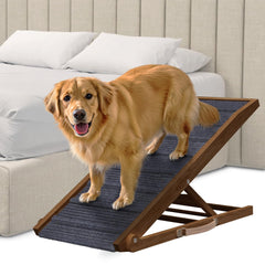 PATHOSIO PETS rampa ajustable para cama con nogal y alfombra gris, ayuda a subir con seguridad