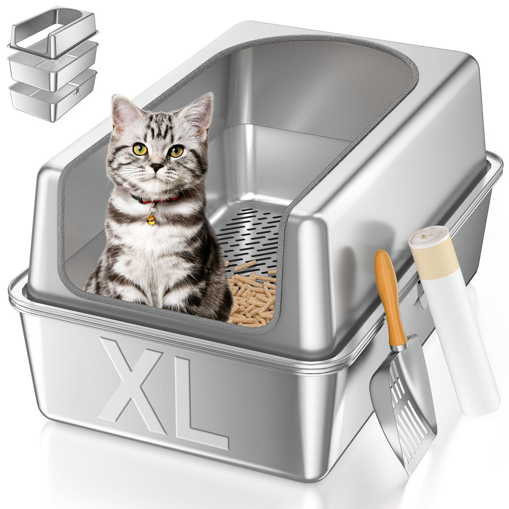 Paulmele XL, vista general de la caja-arena de acero inoxidable con tapa, duradera.