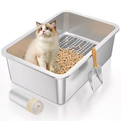 Paulmele XL: caja de arena de acero inoxidable con sifado para limpieza sencilla.
