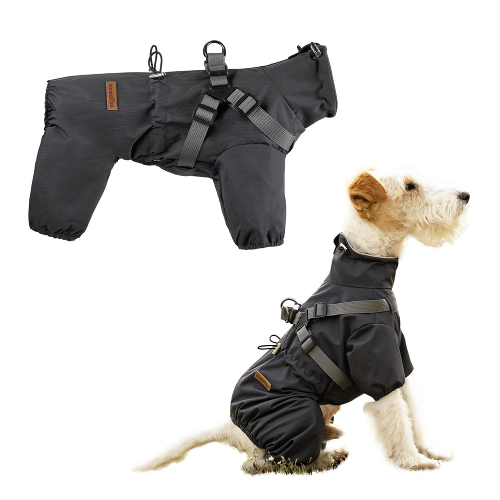 PAWBOSE abrigo impermeable para perro con arnés, frente visible para paseos bajo lluvia.