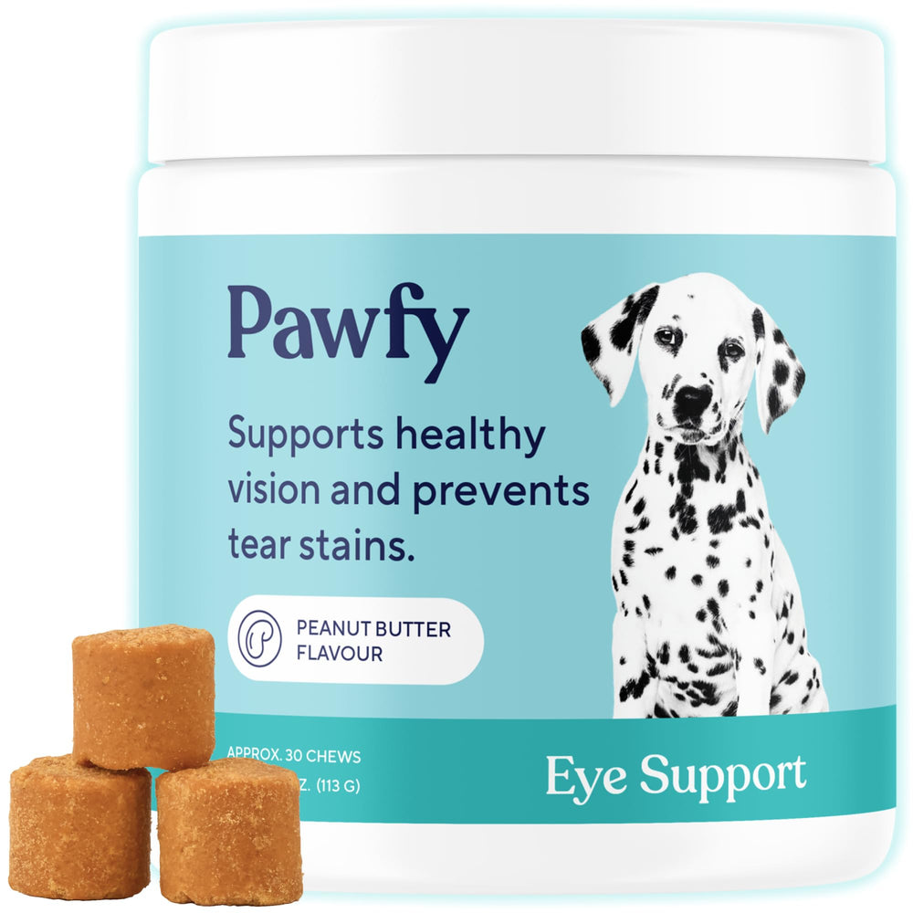 Pawfy apoyo-ojos: frente del paquete con masticables suaves para ojos saludables.