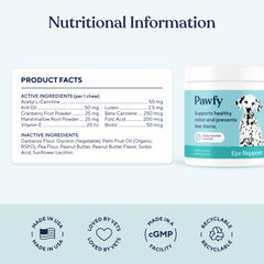 Pawfy apoyo-ojos: vitamina E y astaxantina para la salud ocular.