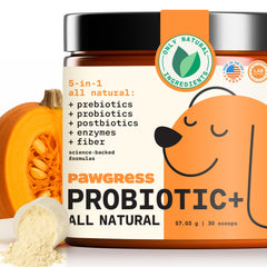 PAWGRESS polvo probiótico 5 en 1 para perro, apoyo digestivo diario.