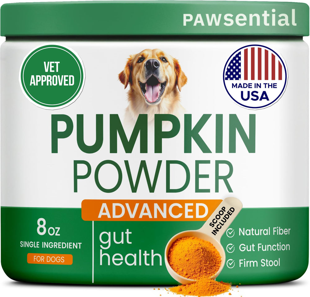 Pawsential Polvo de Calabaza para perros en frasco, ideal para apoyar la digestión diaria.