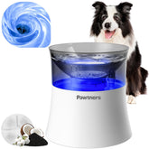 Pawtners fuente de agua para perros, vista frontal, filtración por vórtice para agua más limpia.