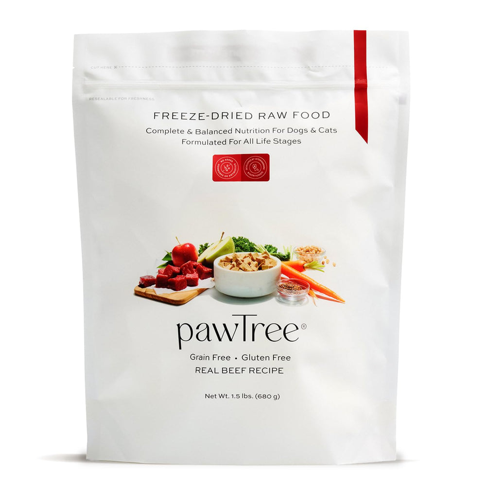 pawtree comida cruda deshidratada de res en tazon, sabor natural y nutricion completa.
