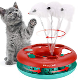 Pawzone juguete interactivo con torre de pistas para gatos; estimula juego y exploración.