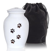 Urna PCS para perros blancos con huellas de pata, acabado duradero.