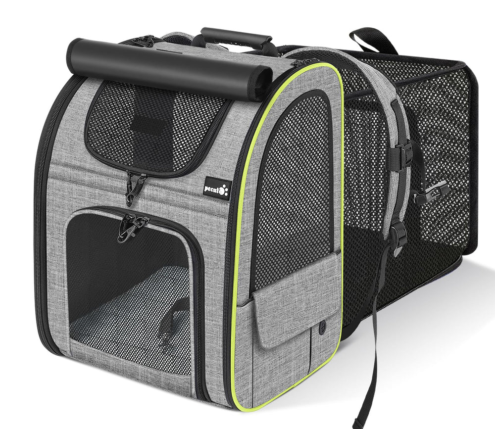 Pecute Mochila Porta-Gato Expandible en uso, comodidad y espacio adicional para la mascota.