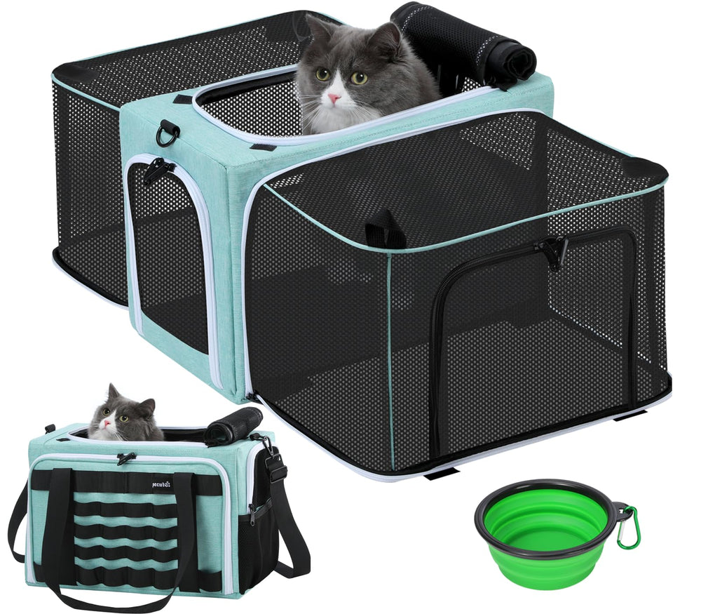 Transportín Pecute expandible para gatos, ideal para viajar con comodidad.