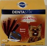 Dentastix Pedigree sabor tocino en paquete de 40, cuidado dental diario.