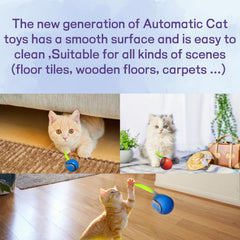 Pelota interactiva para gatos con cola azul, ideal para juego interior.