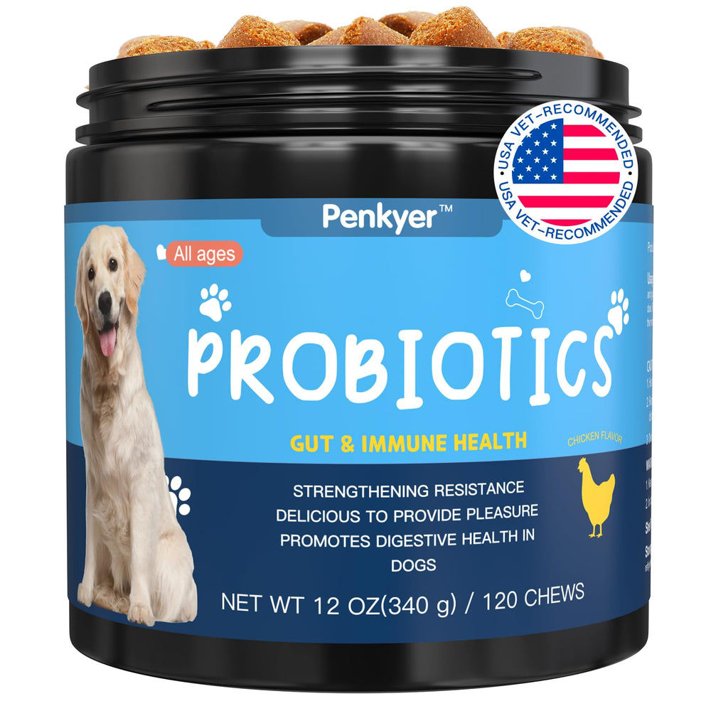 Penkyer Probióticos para Perros, bote de 12 onzas, conserva cepas vivas para la salud digestiva.