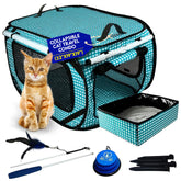 Transportín Pet Fit For Life XL turquesa a cuadros para coche, diseño plegable.