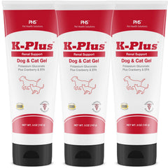 K-Plus Potasio gluconato Gel Renal de Pet Health Solutions, envase visible para dosis.