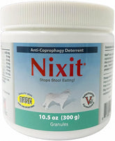 Nixit frasco con etiqueta mostrando dosis para perros, ayuda a disuadir el hábito de comer heces.