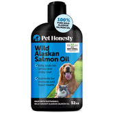 Pet Honesty aceite de salmón salvaje: botella en primer plano para apoyar piel y pelaje.