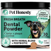 Pet Honesty, aliento fresco y polvo dental para perros, fácil uso diario.