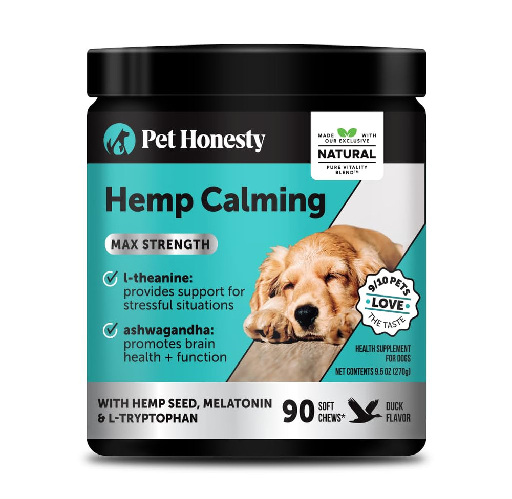 Pet Honesty masticables calmantes pato, frente del envase, apoyo calmante para perros ansiosos