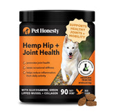 Pet Honesty cáñamo para caderas y articulaciones de perros, frasco de gomitas para movilidad.