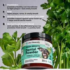 Pet Honesty hierbas naturales y postbioticos para higiene bucal.