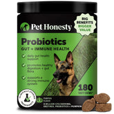 Pet Honesty probióticos para perros: botella visible que sugiere apoyo digestivo suave.