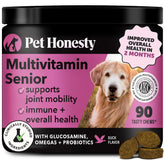 Pet Honesty Senior Dog Multivitamin, gomitas sabor pato, apoyan movilidad diaria.