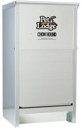 Pet Lodge Alimentador automático de perros, vista frontal, cuerpo de acero duradero para interior o exterior.