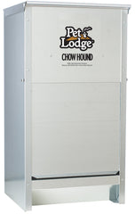 Pet Lodge Alimentador automático de perros, vista frontal, cuerpo de acero duradero para interior o exterior.