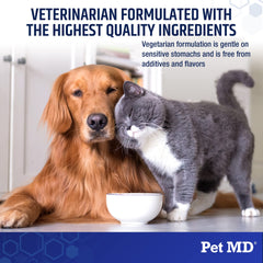 Pet MD Biotic Probiotics: etiqueta informativa con ingredientes y usos para mascotas