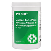 Pet MD Canine Tabs Plus 365, envase frontal, suplemento diario para perros activos.