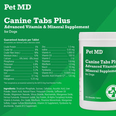 Pastillas sabor hígado de Pet MD Canine Tabs Plus, masticables que promueven pelaje sano.