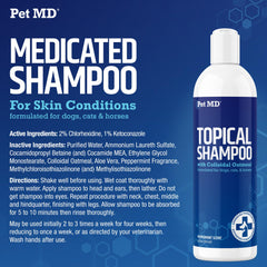 Pet MD champú tópico, etiqueta clara con información y beneficios suaves para la piel.
