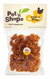 Pet 'n Shape Chik 'n Rings en bolsa con cierre hermético, snack práctico para perros.