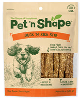 Pet 'n Shape Palitos Pato y Arroz, primer plano crujiente para recompensas diarias.