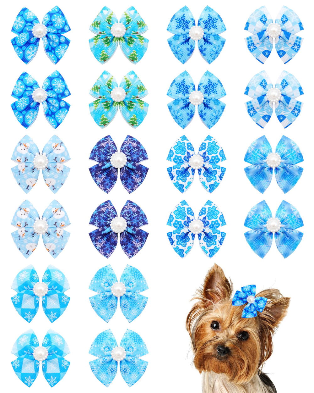 PET SHOW lazo azul con copos de nieve para perro, estilo festivo.