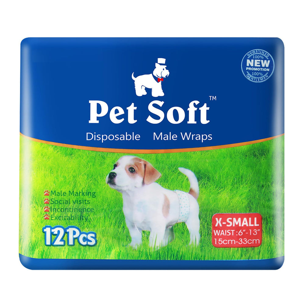 Pañales desechables Pet Soft para perro macho talla XS, ajuste cómodo para razas mini.