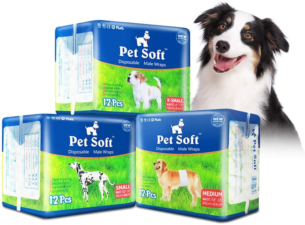 Pañales Pet Soft para perros macho XS en empaque de 72 uds, ideal para viajes y entrenamiento