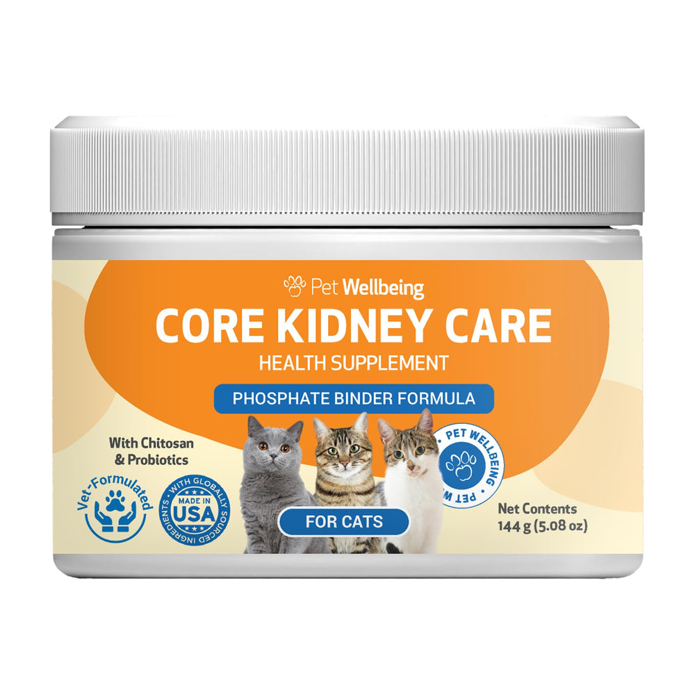 Pet Wellbeing Core Rinon Polvo Frasco, apoyo renal suave y fácil de administrar.