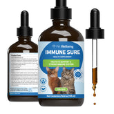 Pet Wellbeing Immune Sure: botella vertiendo para apoyar defensas naturales felinas.