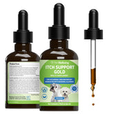 Pet Wellbeing Itch Support Gold frasco de 2 oz para uso diario y comodidad de la piel.