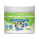 Pet Wellbeing probiótico 9 cepas, bote, apoyo digestivo suave para gatos y perros.
