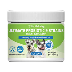 Pet Wellbeing probiótico 9 cepas, bote, apoyo digestivo suave para gatos y perros.
