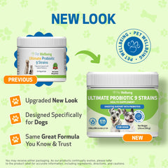 Pet Wellbeing probiótico 9 cepas, cuchara de medición, dosificación fácil para mascotas.