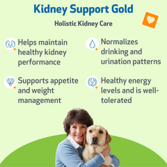 Pet Wellbeing Kidney Support Gold: etiqueta del producto con formulación veterinaria.