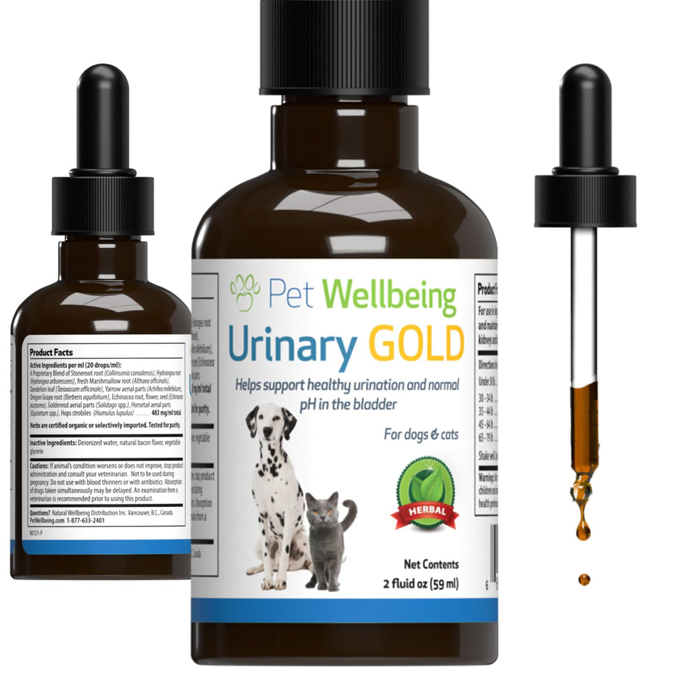 Pet Wellbeing Urinary Gold: botella para dosis diaria fácil de usar.